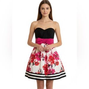 SPEECHLESS Strapless white floral dress with bow and black accent stripes size 9